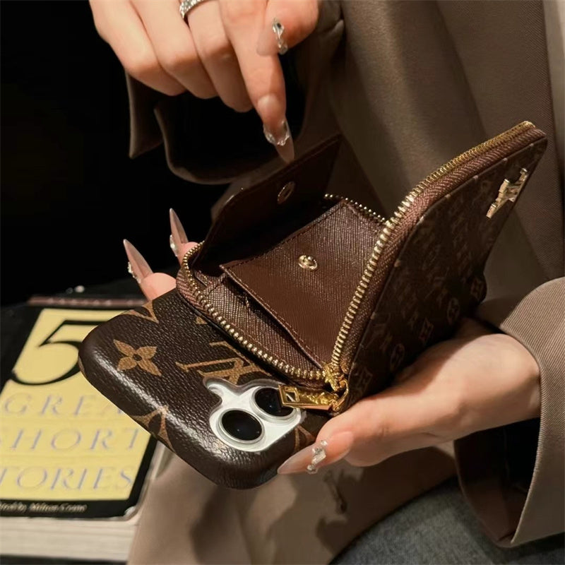 Elegance Monogram Leather Phone Case with Card Holder Strap For iPhone 13-17