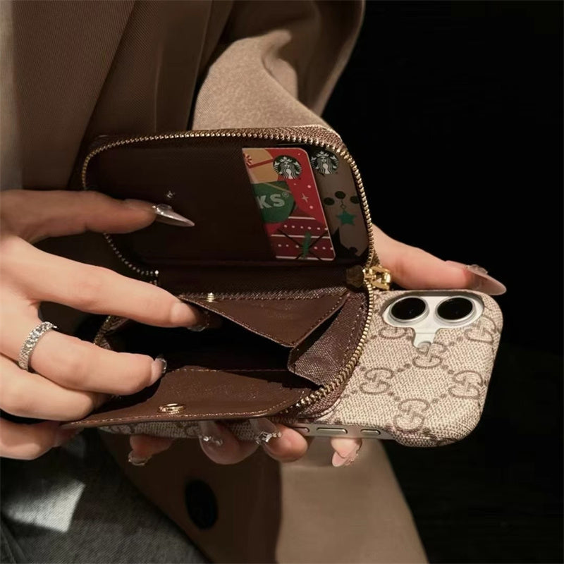 Elegance Monogram Leather Phone Case with Card Holder Strap For iPhone 13-17