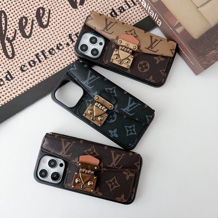 Luxury Phone Case with a Card Lock and Shoulder Strap for iPhone 13-17