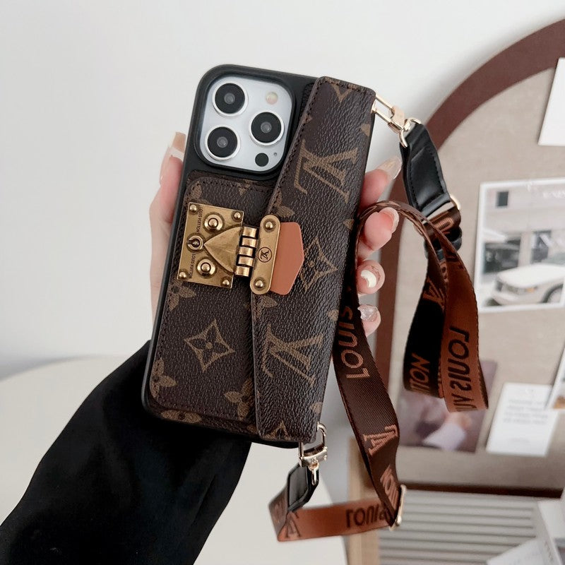 Luxury Phone Case with a Card Lock and Shoulder Strap for iPhone 13-17