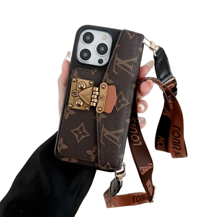 Luxury Phone Case with a Card Lock and Shoulder Strap for iPhone 13-17