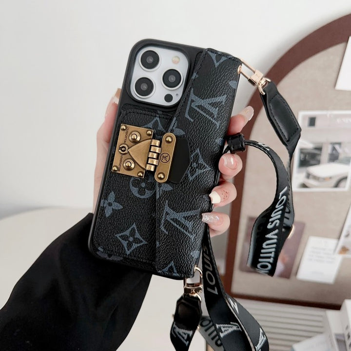 Luxury Phone Case with a Card Lock and Shoulder Strap for iPhone 13-17