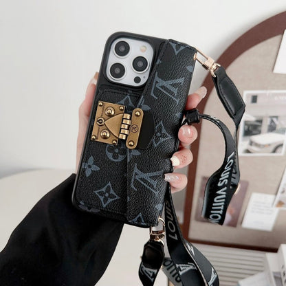 Luxury Phone Case with a Card Lock and Shoulder Strap for iPhone 13-17