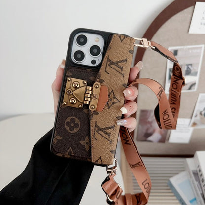 Luxury Phone Case with a Card Lock and Shoulder Strap for iPhone 13-17
