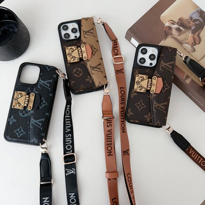 Luxury Phone Case with a Card Lock and Shoulder Strap for iPhone 13-17