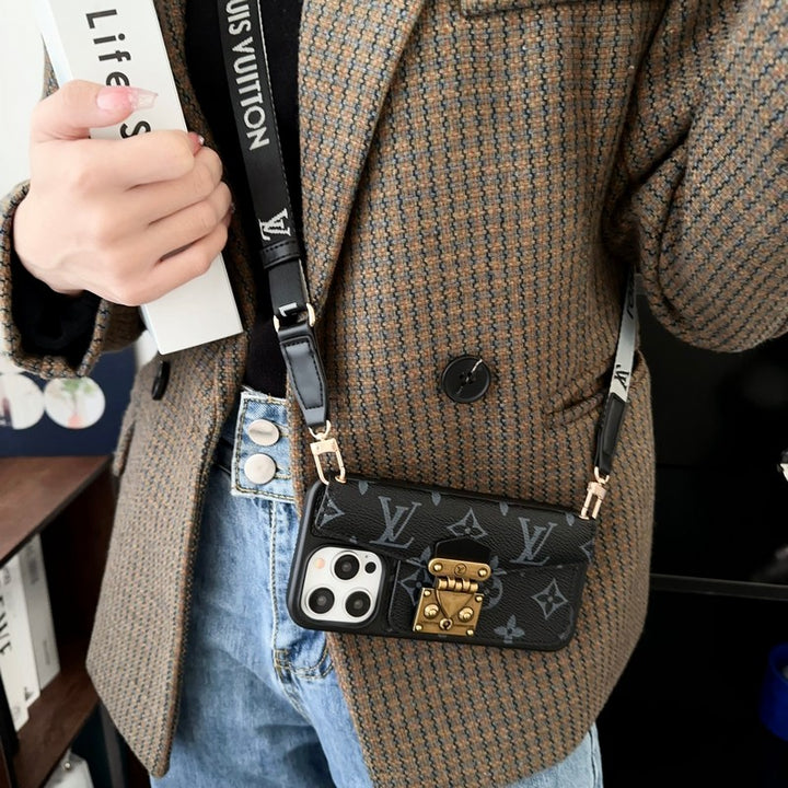 Luxury Phone Case with a Card Lock and Shoulder Strap for iPhone 13-17