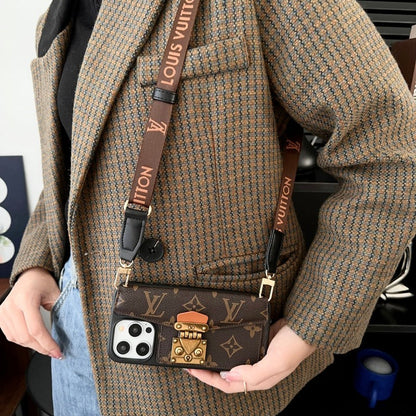Luxury Phone Case with a Card Lock and Shoulder Strap for iPhone 13-17