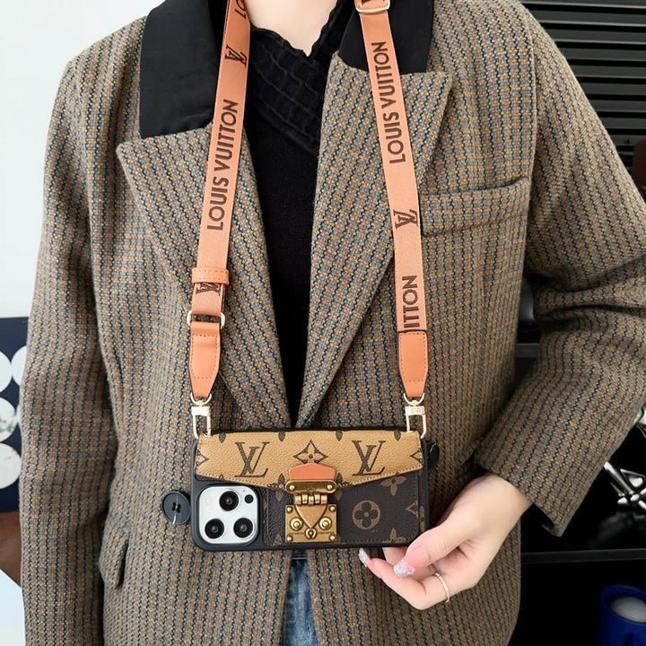 Luxury Phone Case with a Card Lock and Shoulder Strap for iPhone 13-17