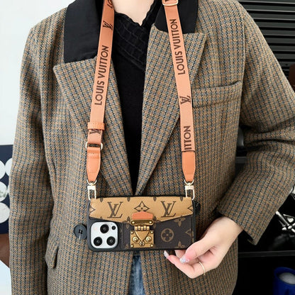 Luxury Phone Case with a Card Lock and Shoulder Strap for iPhone 13-17