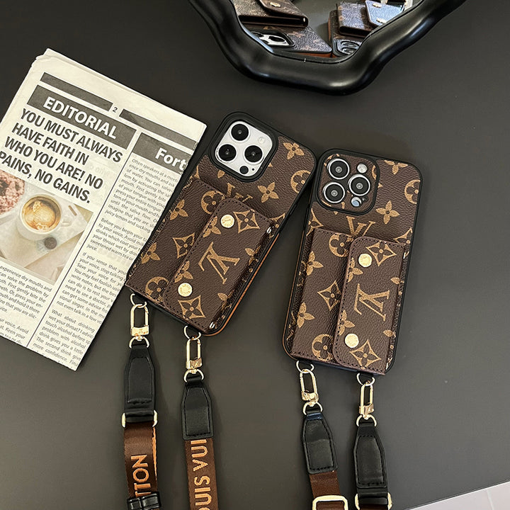 Luxury Brand Phone Case Card Holder with Strap for iPhone 12-16