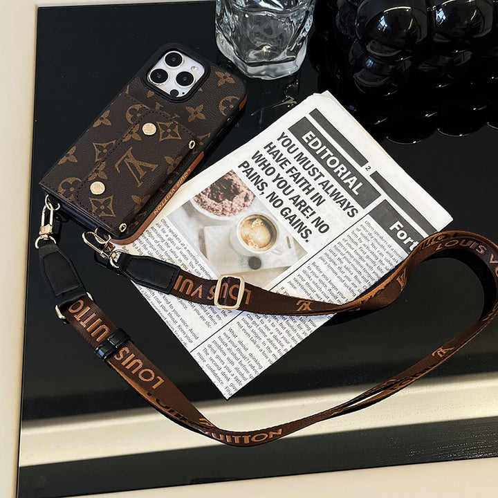 Luxury Brand Phone Case Card Holder with Strap for iPhone 12-16