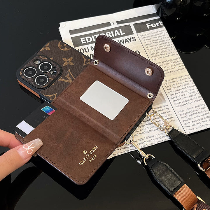 Luxury Brand Phone Case Card Holder with Strap for iPhone 12-16