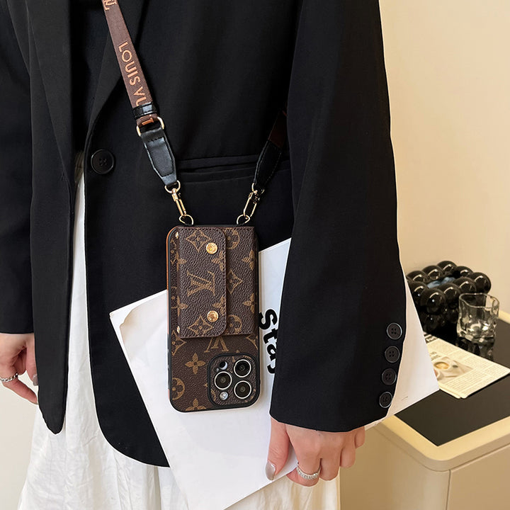 Luxury Brand Phone Case Card Holder with Strap for iPhone 12-16