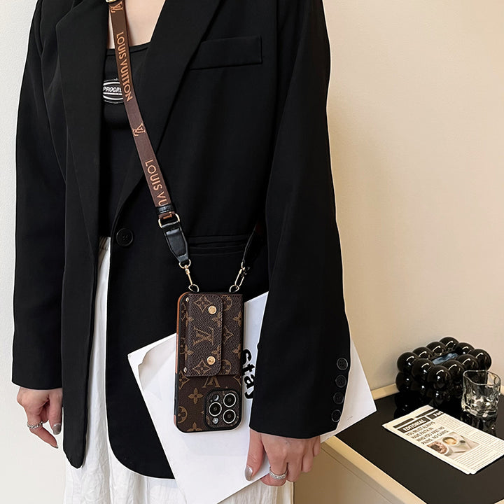 Luxury Brand Phone Case Card Holder with Strap for iPhone 12-16