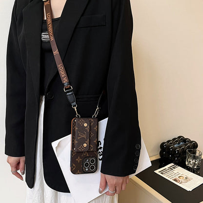 Luxury Brand Phone Case Card Holder with Strap for iPhone 12-16