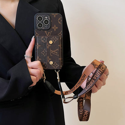 Luxury Brand Phone Case Card Holder with Strap for iPhone 12-16