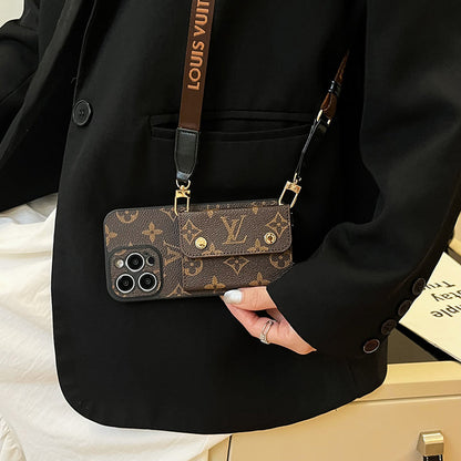 Luxury Brand Phone Case Card Holder with Strap for iPhone 12-16