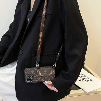Luxury Brand Phone Case Card Holder with Strap for iPhone 12-16