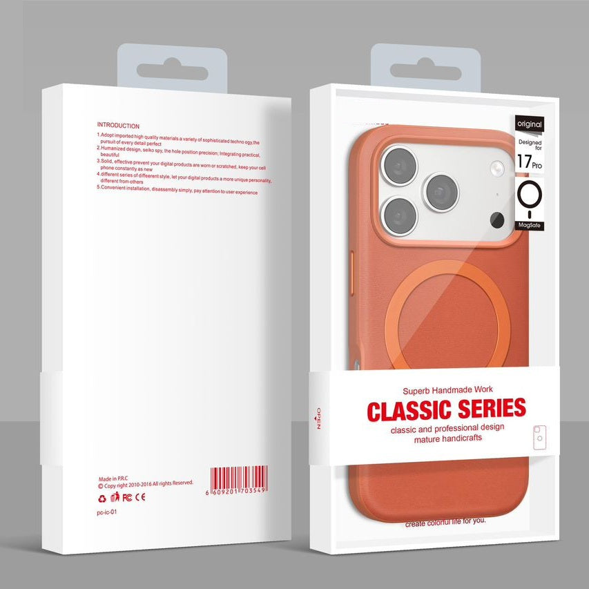 iPhone 17 Pro Max Leather Magsafe Case Premium Luxurious Leather with Metal Magnetic Magsafe Ring - Orange