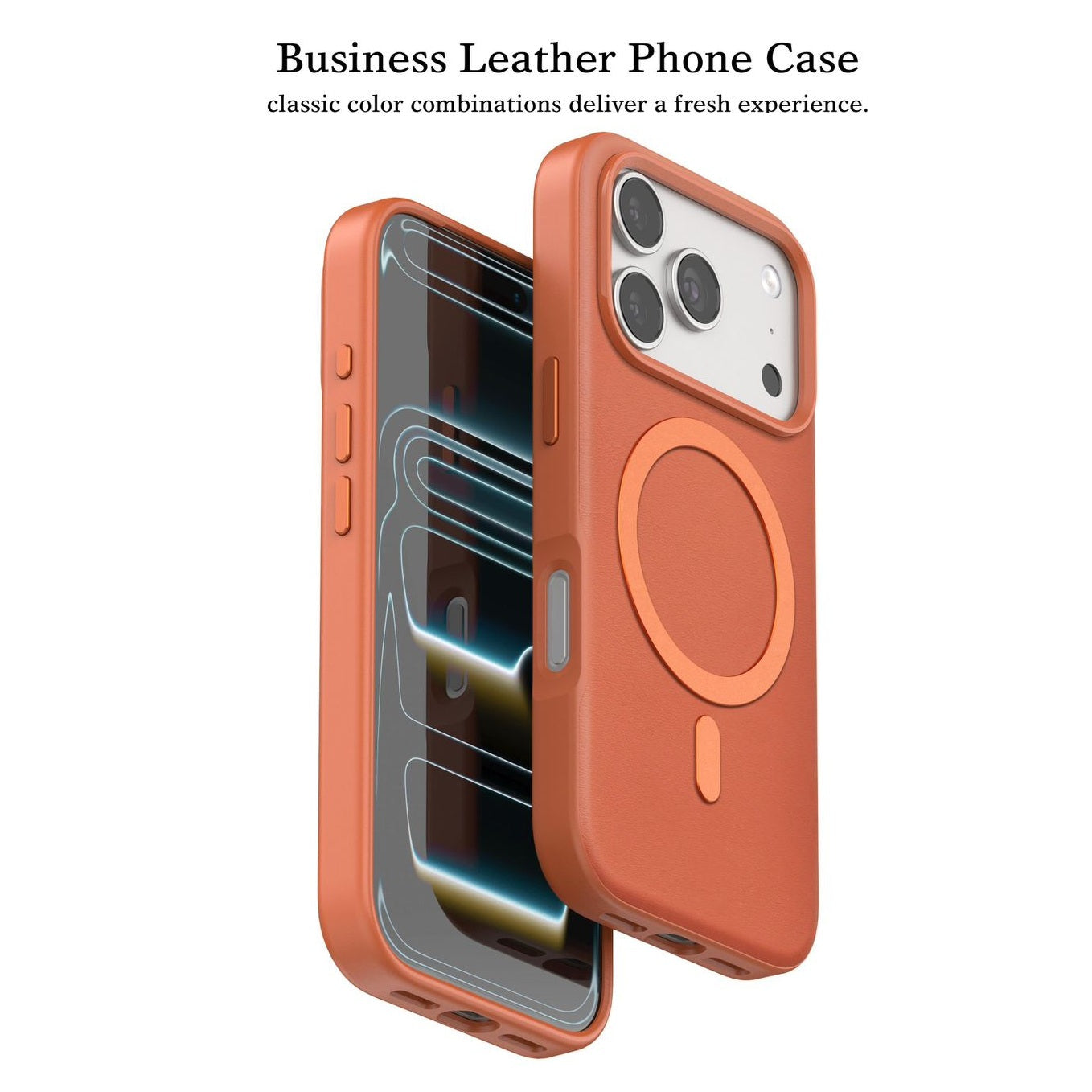 iPhone 17 Pro Max Leather Magsafe Case Premium Luxurious Leather with Metal Magnetic Magsafe Ring - Orange