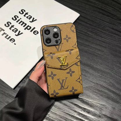 Luxury Card Holder Canvas Leather Phone Case for iPhone 12-17