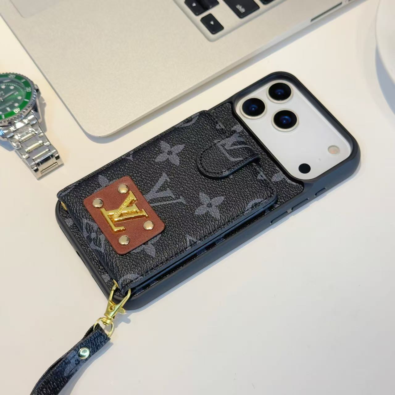 Luxury Leather Case Card Holder with Gold Logo For iPhone 12-17