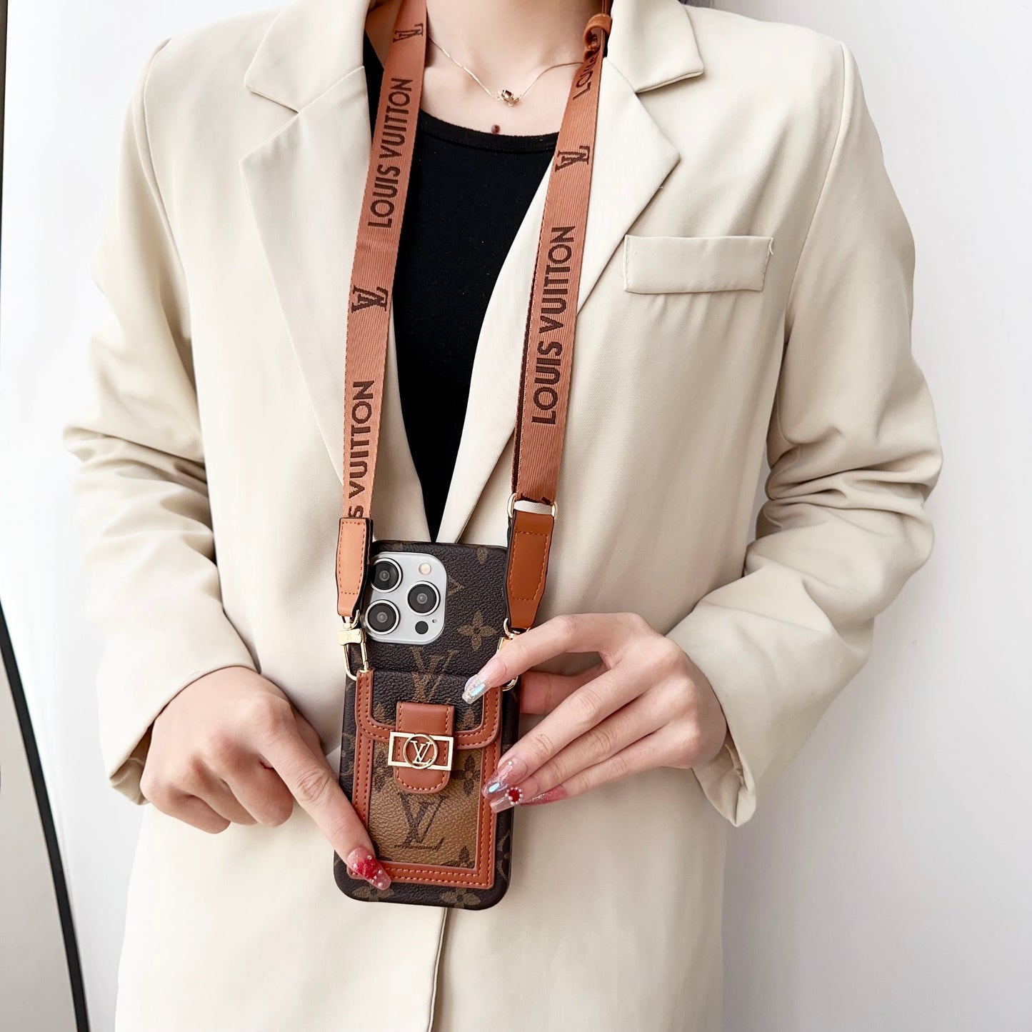 Luxury Dauphine Leather Monogram Crossbody for iPhone 12-17