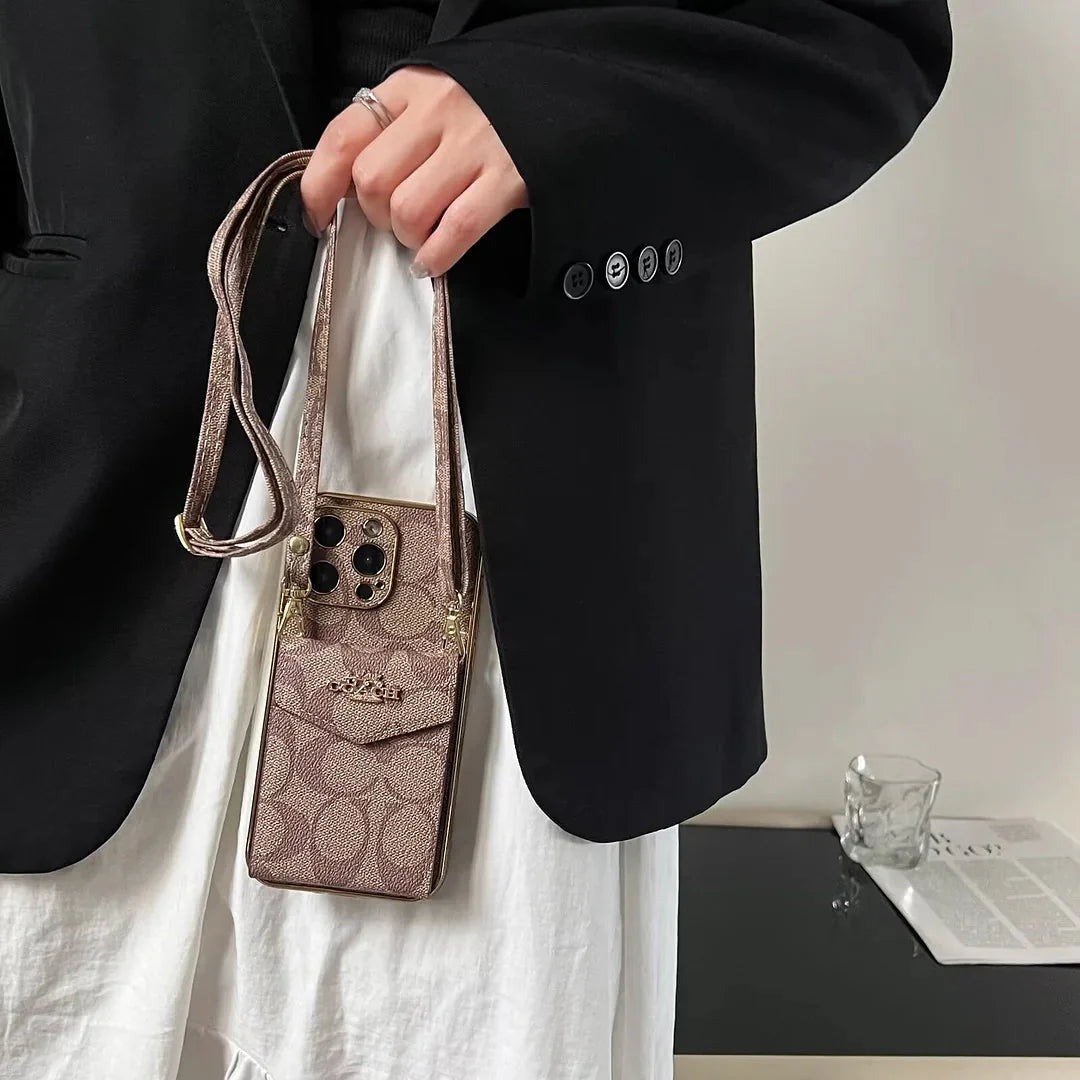 Luxury Logo Accordion Card Holder Leather Crossbody for iPhone 12-17