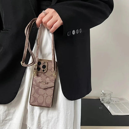 Luxury Logo Accordion Card Holder Leather Crossbody for iPhone 12-17