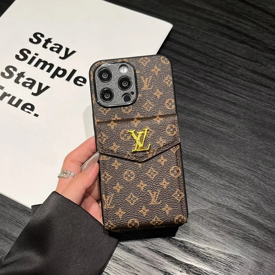 Luxury Card Holder Canvas Leather Phone Case for iPhone 12-17