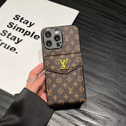 Luxury Card Holder Canvas Leather Phone Case for iPhone 12-17