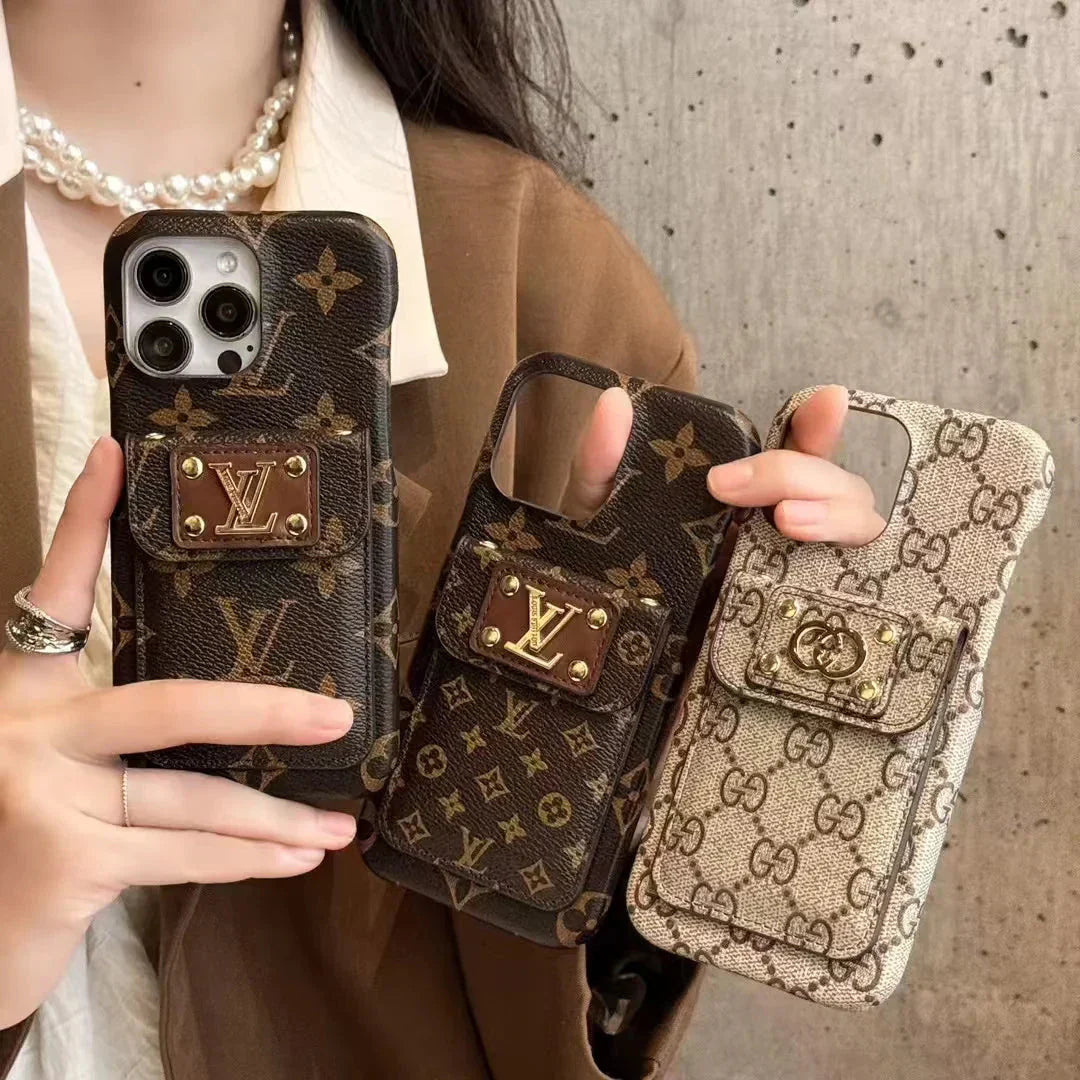 Monogram Canvas Case with Classic Leather Back Card Holder for iPhone 12-17