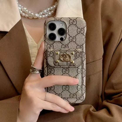 Monogram Canvas Case with Classic Leather Back Card Holder for iPhone 12-17