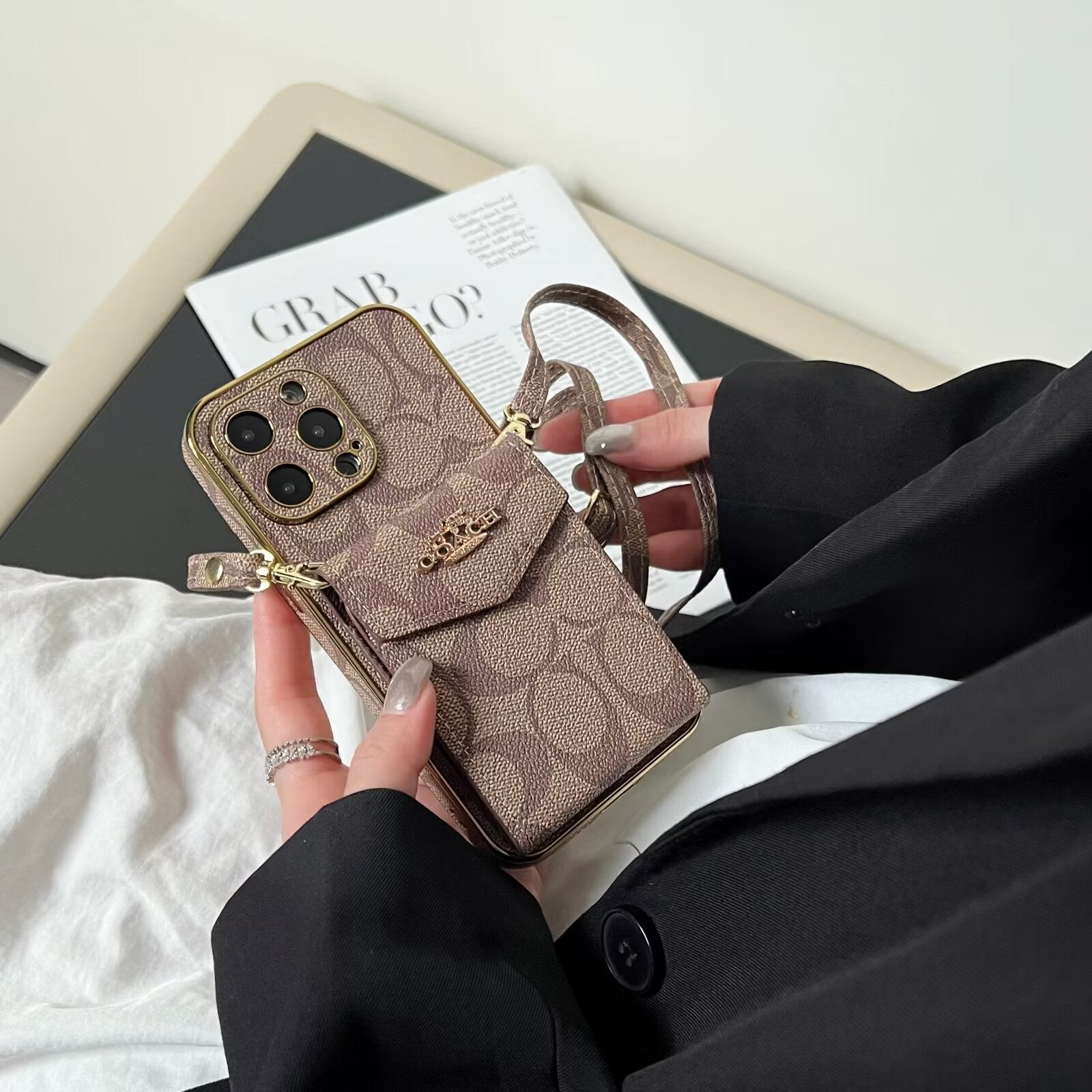 Luxury Logo Accordion Card Holder Leather Crossbody for iPhone 12-17