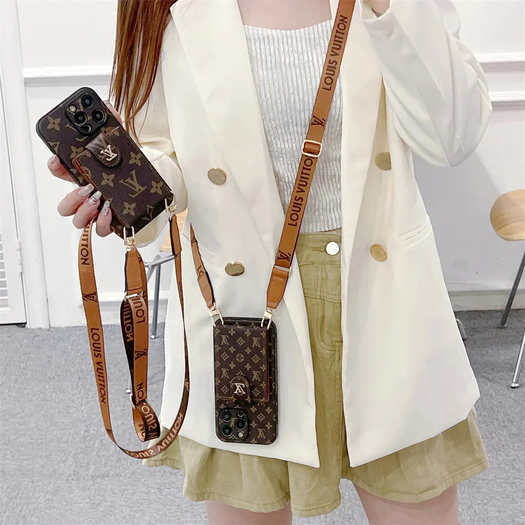 Monogram Canvas Leather Button Card Holder Crossbody iPhone Case