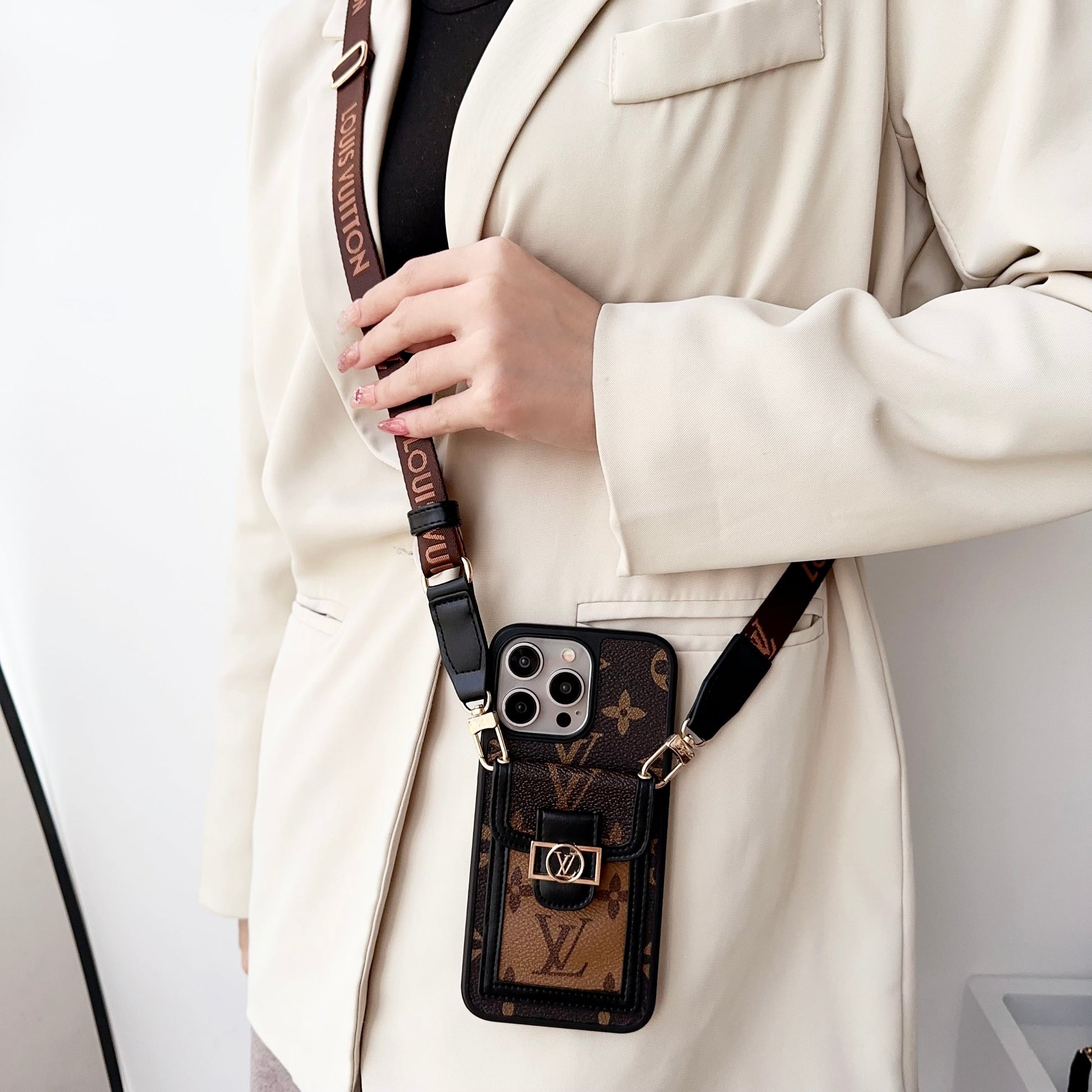 Luxury Dauphine Leather Monogram Crossbody for iPhone 12-17