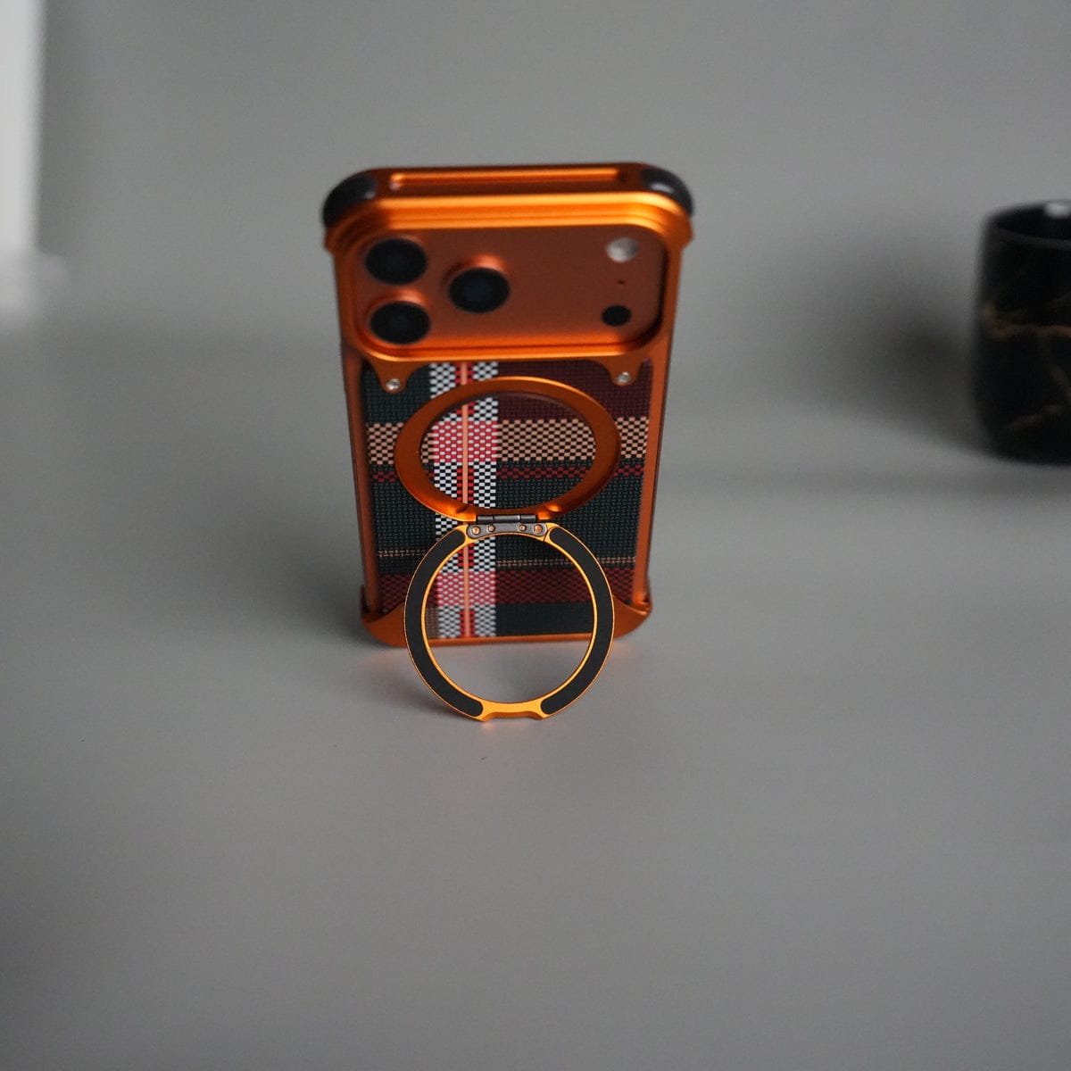 iPhone 17 Series Kevlar Fiber Texture Frameless Metal Kickstand Case | Orange