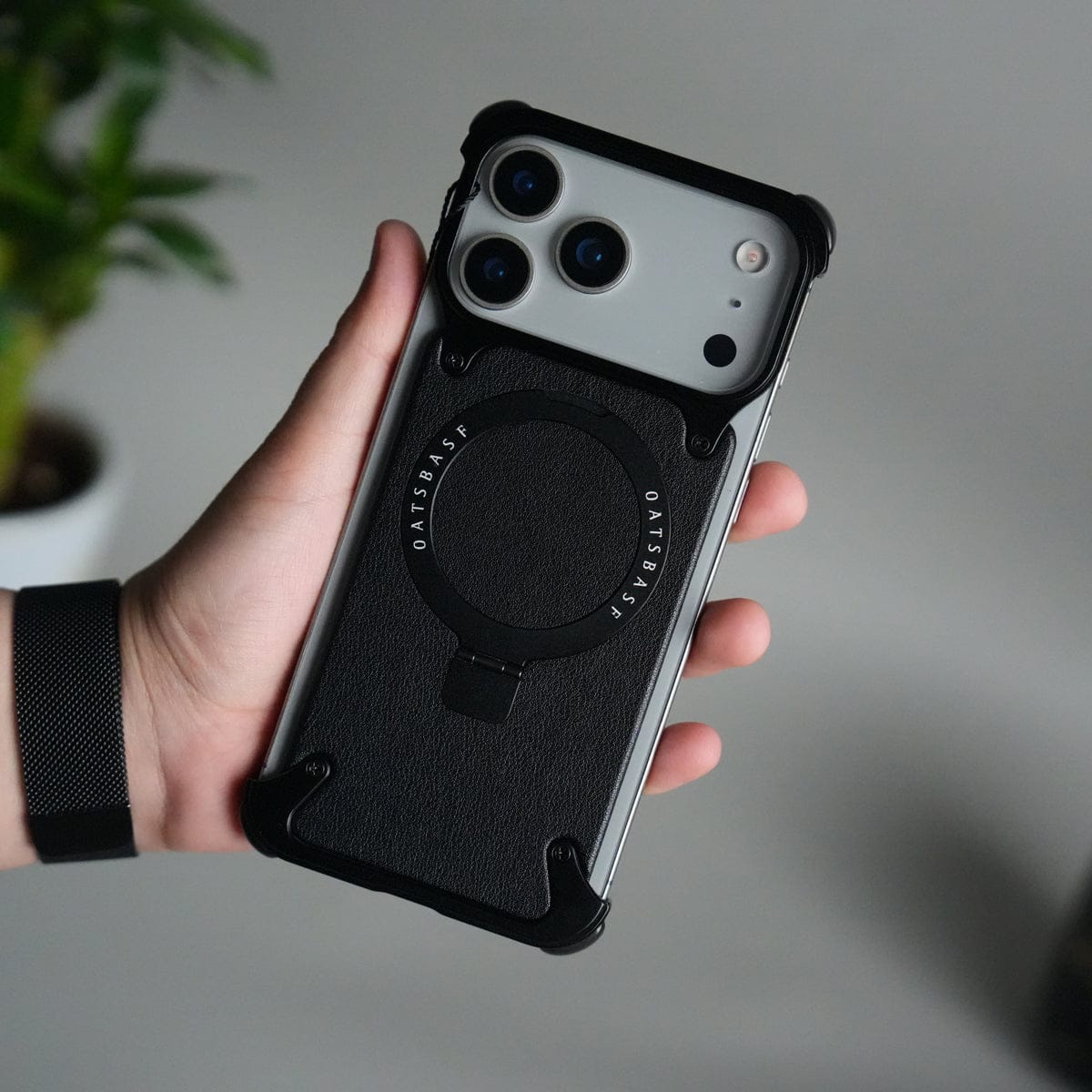 iPhone 17 Pro Leather Frameless Metal Kickstand Case