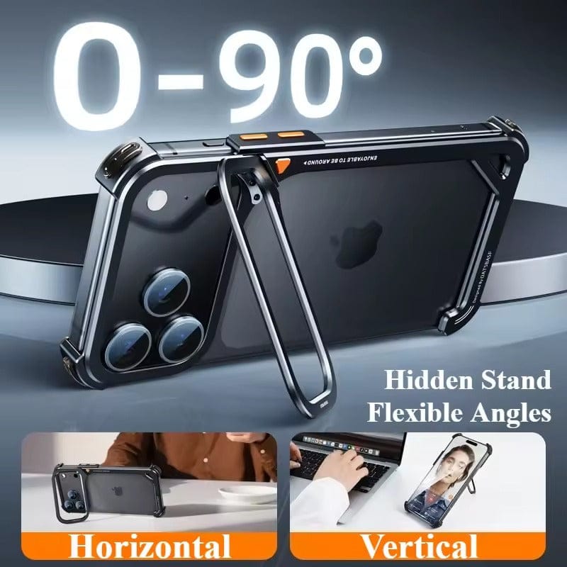 iPhone 17 Pro 9-Shaped Frameless Metal Bumper Case with Hidden Lens Stand | Shockproof Aviation-Grade Alloy Frame