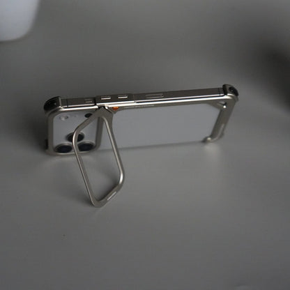 iPhone 17 Pro 9-Shaped Frameless Metal Bumper Case with Hidden Lens Stand | Shockproof Aviation-Grade Alloy Frame