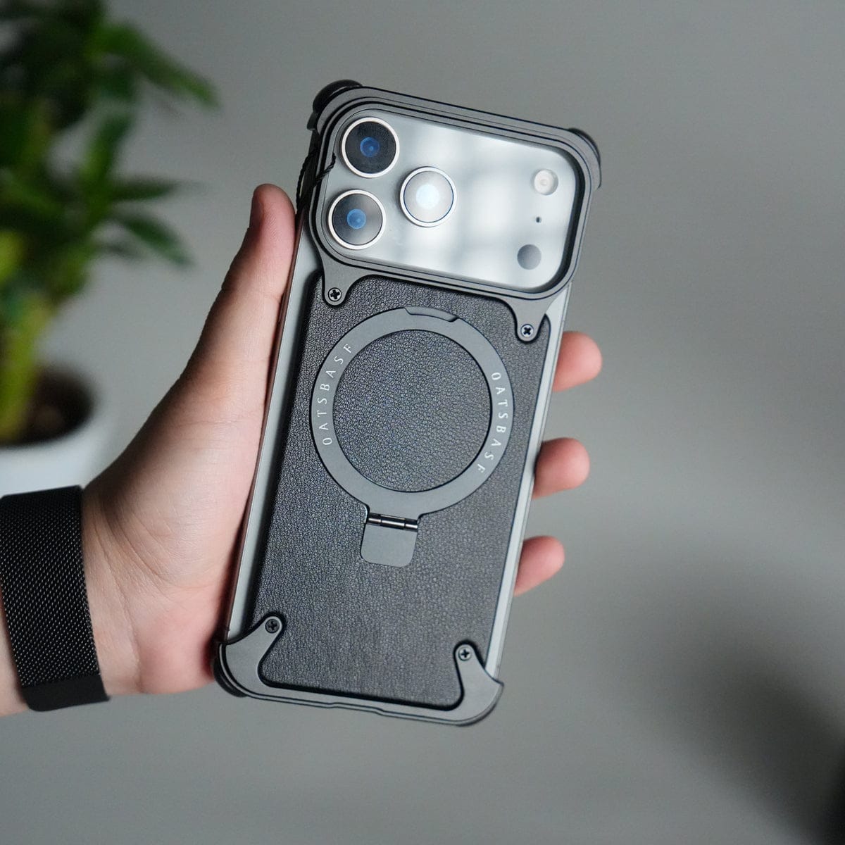 iPhone 17 Pro Leather Frameless Metal Kickstand Case