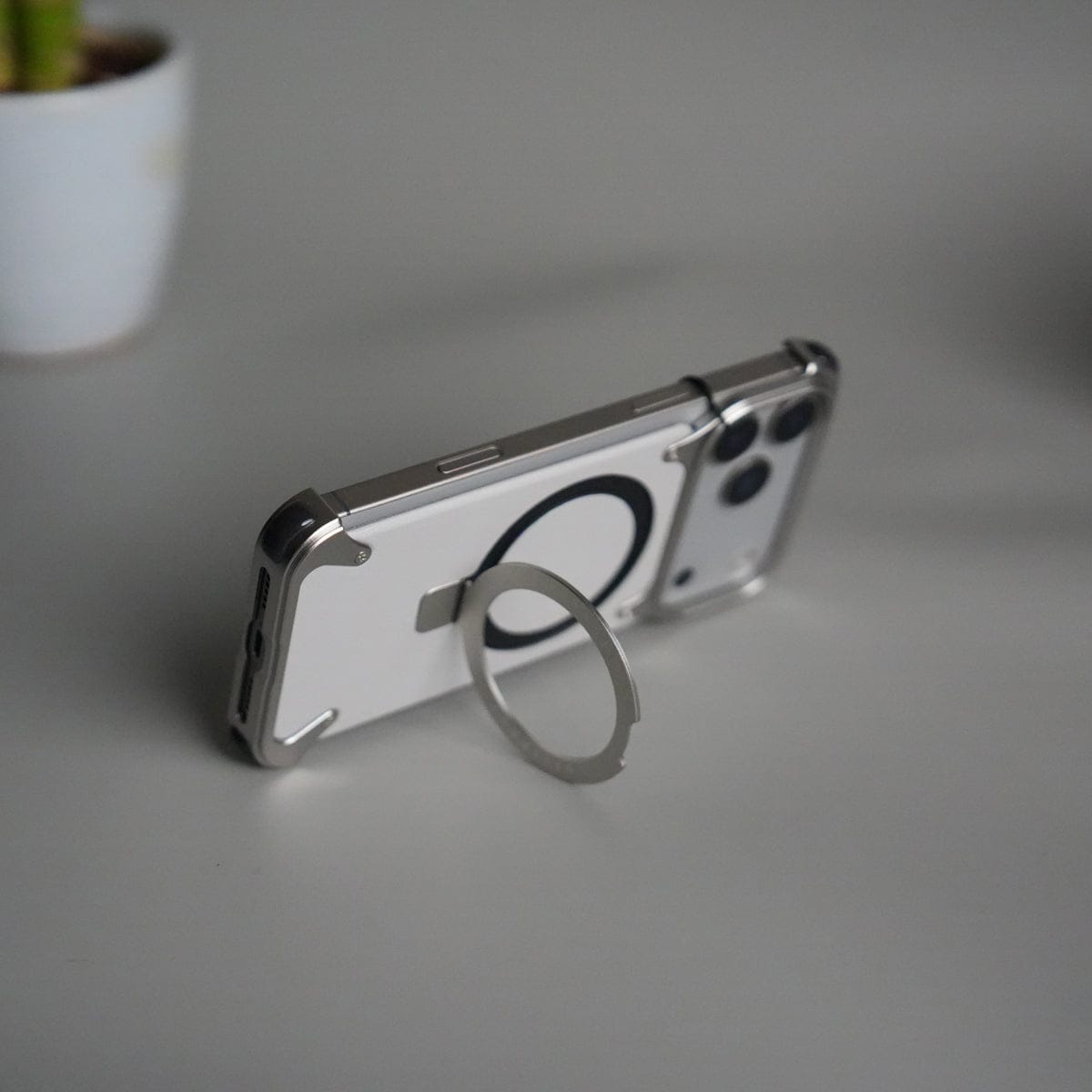 iPhone 17 Pro Leather Frameless Metal Kickstand Case