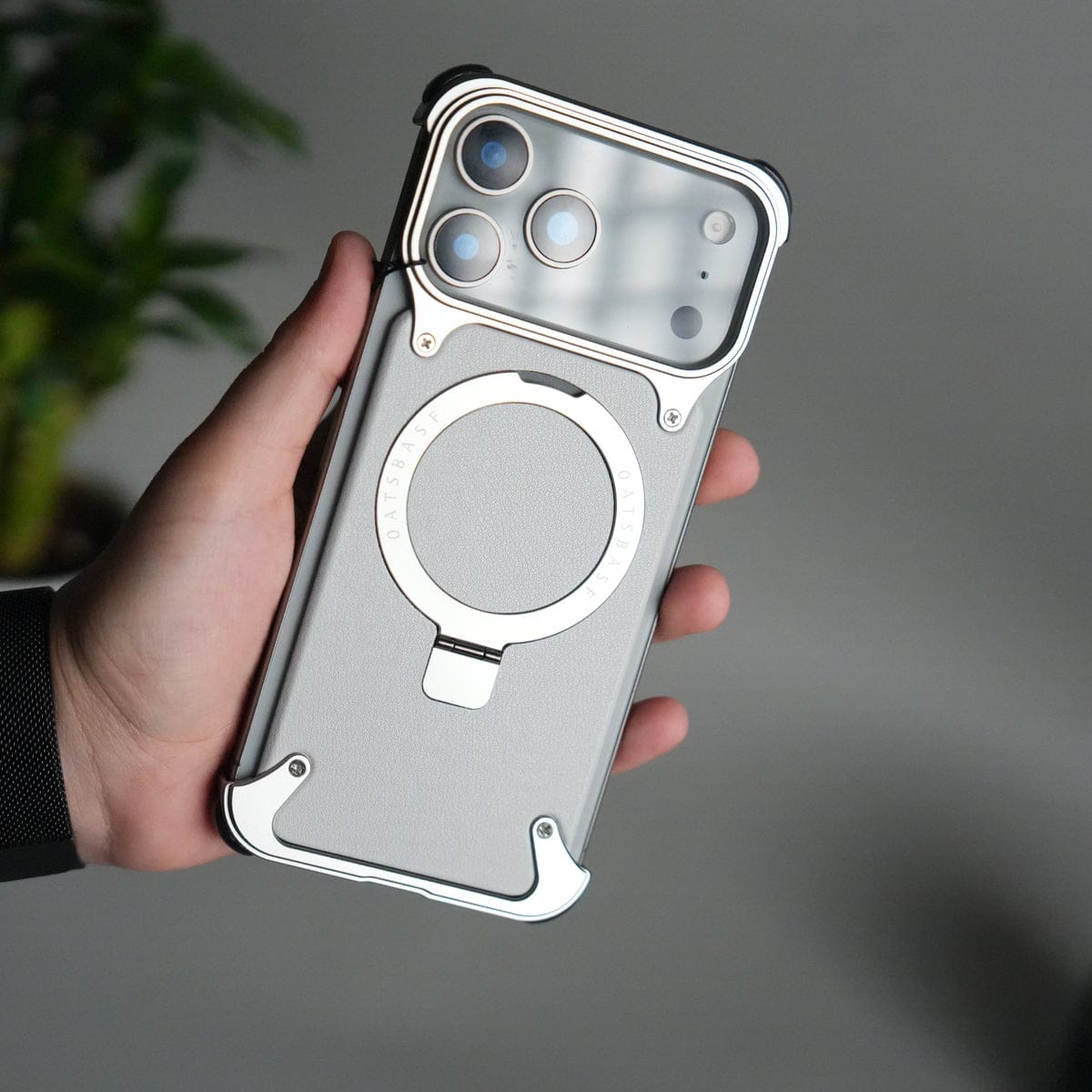 iPhone 17 Pro Leather Frameless Metal Kickstand Case