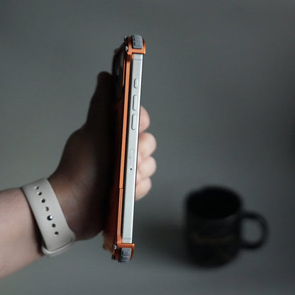 iPhone 17 Series Premium Orange Leather Aluminium Metal Snap On Rotating Stand case