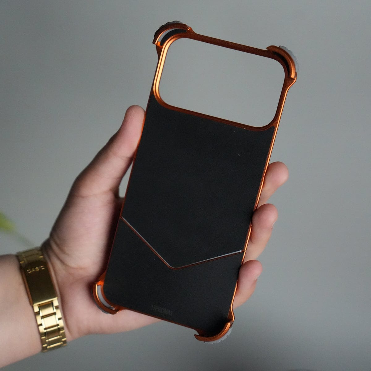iPhone 17 Series Premium Orange Line Carbon Design Aluminium Metal Snap On Rotating Stand Case