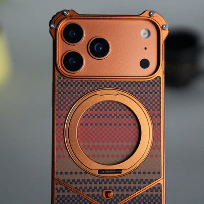 iPhone 17 Series Premium Orange Line Carbon Design Aluminium Metal Snap On Rotating Stand Case