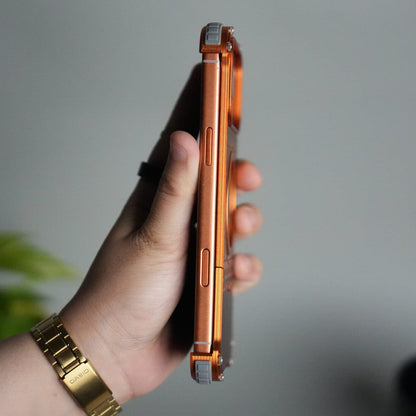 iPhone 17 Series Premium Orange Line Carbon Design Aluminium Metal Snap On Rotating Stand Case