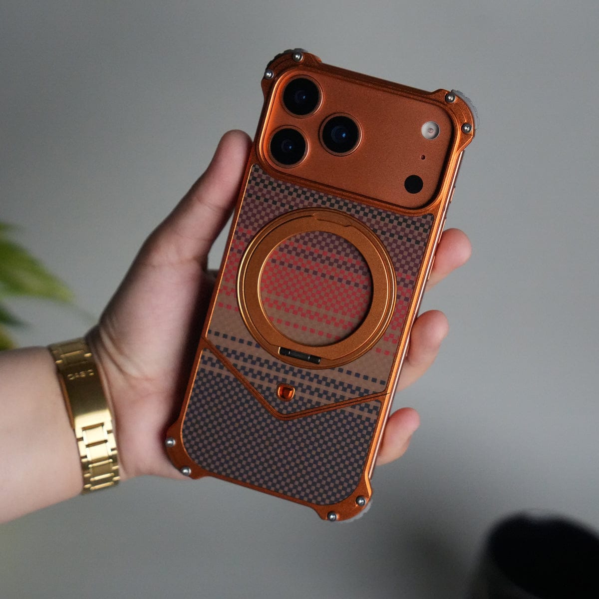 iPhone 17 Series Premium Orange Line Carbon Design Aluminium Metal Snap On Rotating Stand Case