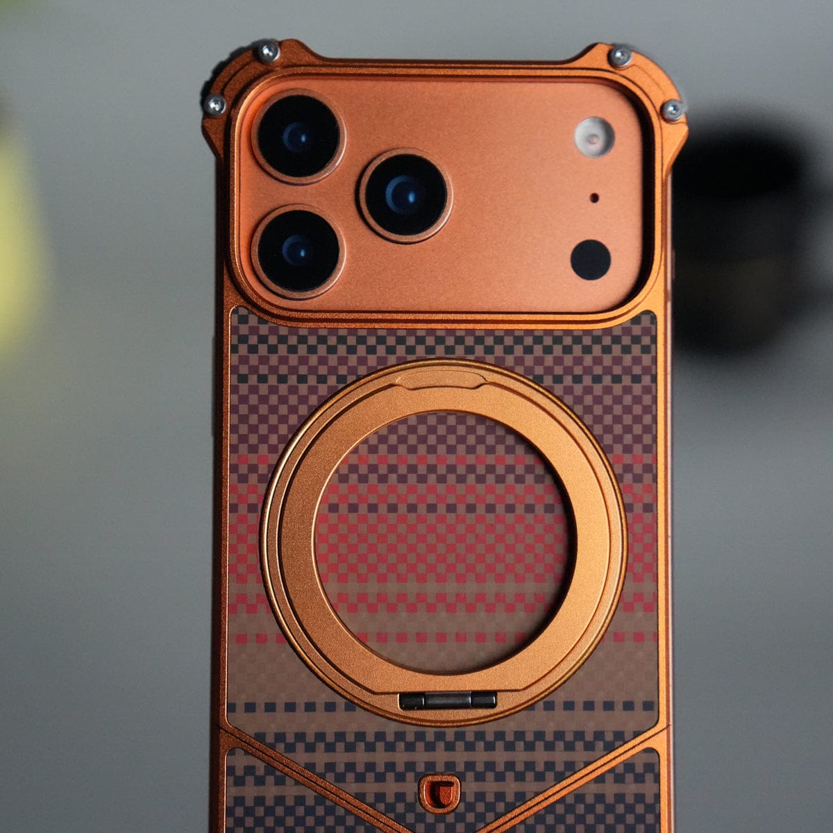iPhone 17 Series Premium Orange Line Carbon Design Aluminium Metal Snap On Rotating Stand Case