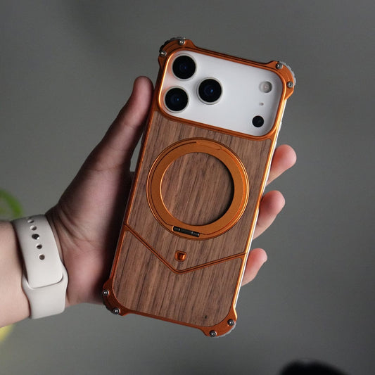 iPhone 17 Series Premium Orange Wooden Aluminium Metal Snap On Rotating Stand case